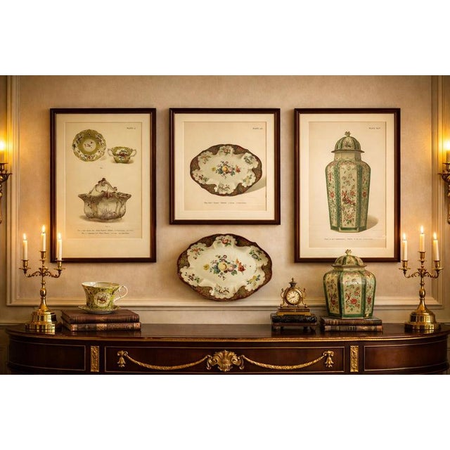 Worcester porcelain designs, dish, covered vase & tea wares, gold decor, 1910 note: the prints are offered unframed,...