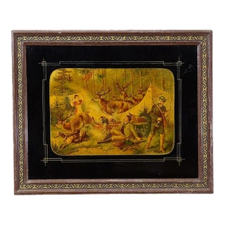 Antique Oil Print With Hunting Party Overrun by Deer 19th For Sale