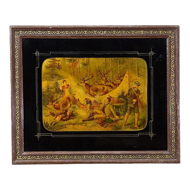 Antique Oil Print With Hunting Party Overrun by Deer 19th For Sale