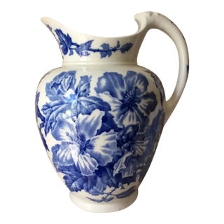 Antique C1888 Victorian, Aesthetic Transferware Water Pitcher, Althea, Blue Flowers For Sale