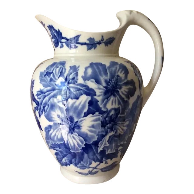 Antique C1888 Victorian, Aesthetic Transferware Water Pitcher, Althea, Blue Flowers For Sale