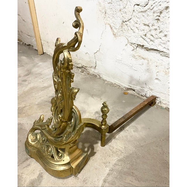 Metal Pair of Vintage French Rococo With Leaf Solid Brass Ornate Fireplace Andirons For Sale - Image 7 of 7