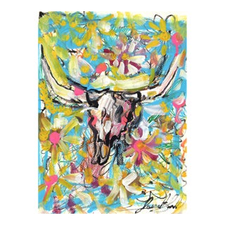 Flor De Muerte - Original Blue Floral Skull Acrylic Painting on Paper by Jesse Black For Sale