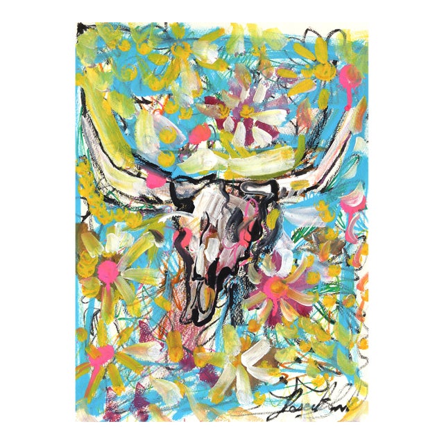 Flor De Muerte - Original Blue Floral Skull Acrylic Painting on Paper by Jesse Black For Sale