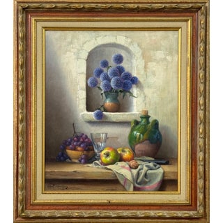 Still Life with Flowers & Fruit in a French Farmhouse Interior by French Artist 1992 Circa For Sale
