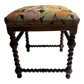 1940s Barley Twist English Square Bench With Vibrant Needlepoint For Sale