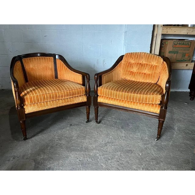 Wood Pair of Vintage Hollywood Regency Style Mahogany Inlaid Club Lounge Armchairs by Statesville Club For Sale - Image 7 of 12