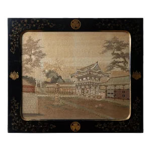 Japanese Silk Embroidery in Lacquer Frame, C.1890