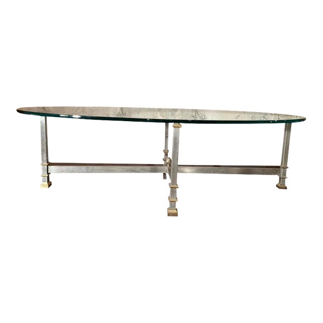 Maison Jansen Style Oval Iron and Brass Glass Top Coffee Table For Sale