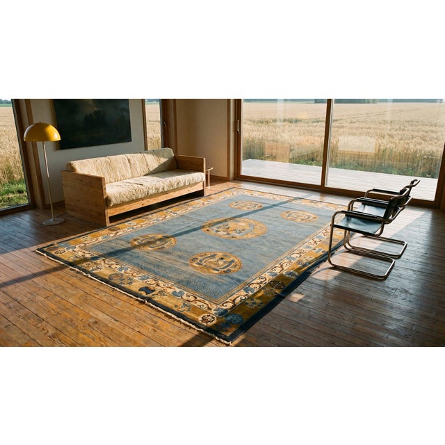 Special Blue and Gold Bronze Color Unique With Animalistic Design Antique Chinese Rug For Sale - Image 13 of 15