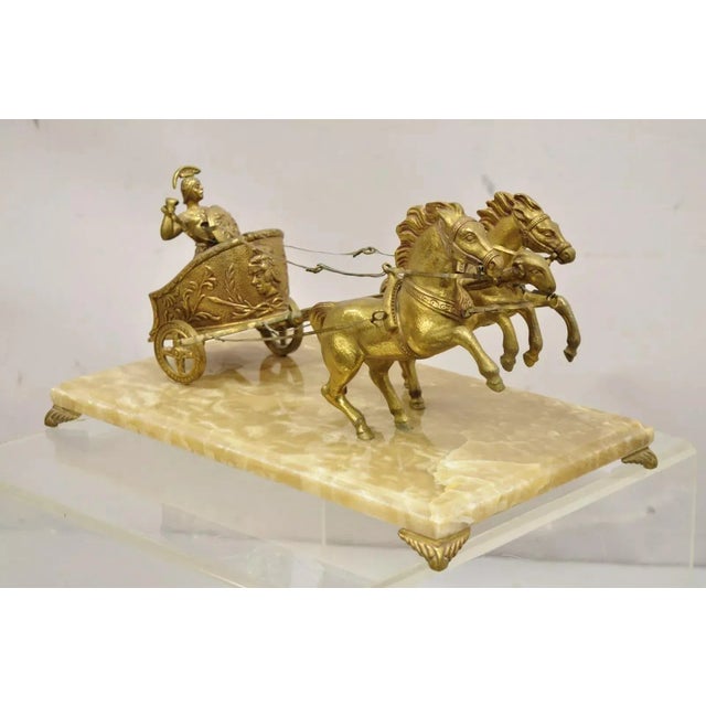 Mid 20th Century Vintage Gold Gilt Metal Roman Horse Drawn Chariot Sculpture on Marble Base For Sale - Image 12 of 12