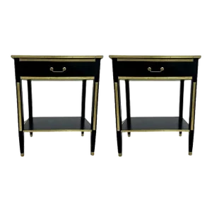Maison Jansen Style, Hollywood Regency, Nightstands, Black Painted Wood, Brass