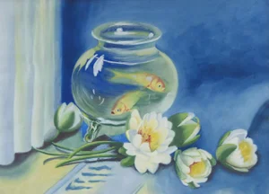 Mid Century Water Lilies & Fish Bowl Still Life Painting