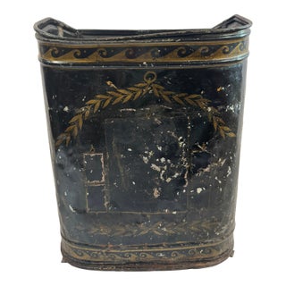 Antique English Tole Coal Bin, Gilt Cherub Medallion, Parnall & Sons Bristol, 24in For Sale