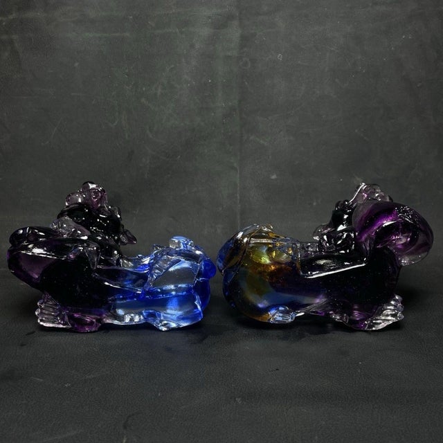 This is a striking and beautiful matching pair of vintage Chinese glass (Liuli) sculptures depicting the mythical Kirin...