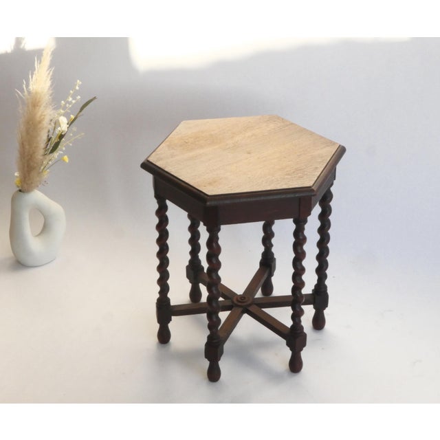 Wood Hexagonal Antique Wooden Barley Twist Table, 1920s For Sale - Image 7 of 7