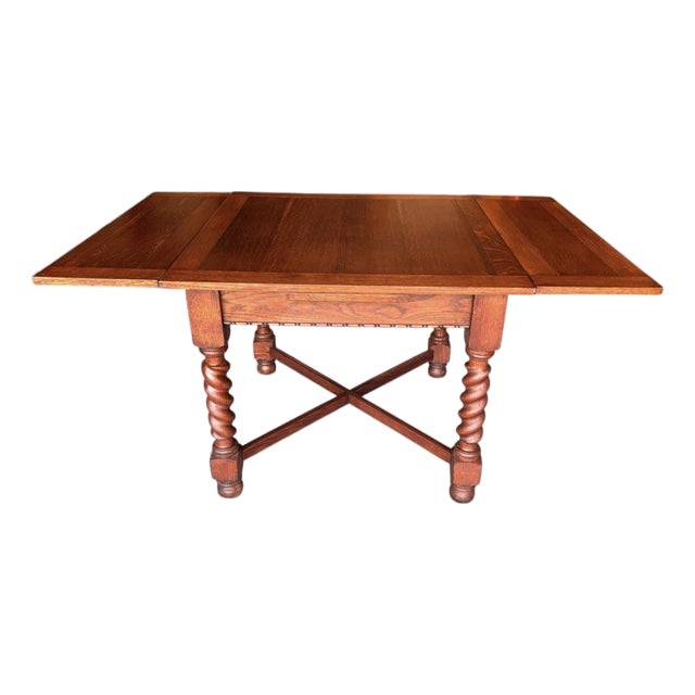 1930s Solid Oak Barley Twist Draw-Leaf Dining Table – Excellent Condition For Sale