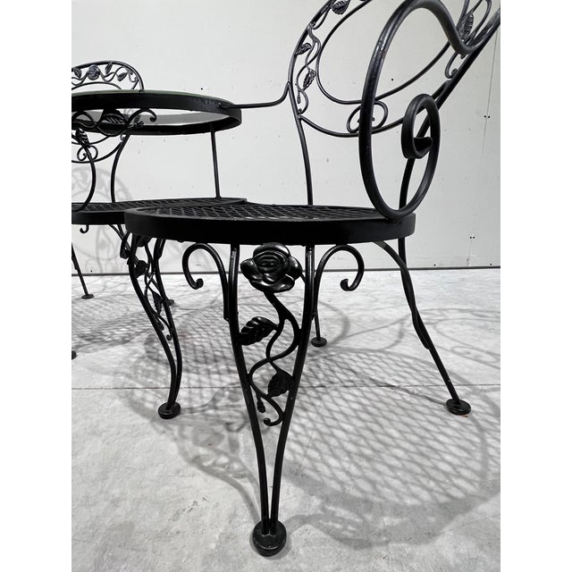 Metal Woodard Furniture Tete-A-Tete Wrought Iron Outdoor Chantilly Rose Tete a Tete Chair Bench Loveseat For Sale - Image 7 of 11