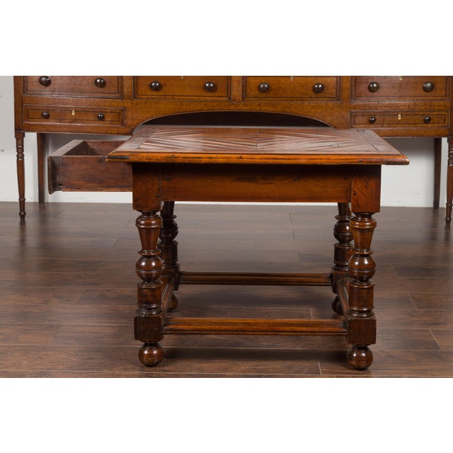 English 1850s Walnut Parquet Top Table with Single Drawer and Turned Legs For Sale - Image 12 of 12