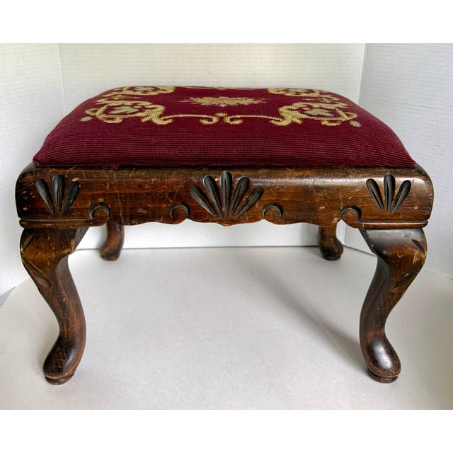 Antique English Needlepoint Footstool With Carved Queen Anne Style Legs For Sale - Image 9 of 11