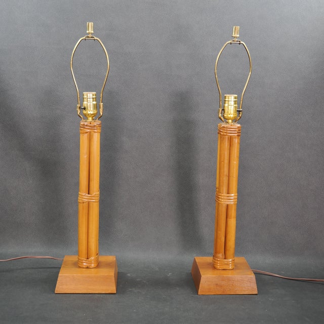 1960s 1960s Mid-Century Rattan Lamps With Two Tiered Fiberglass Drum Shades, Pair For Sale - Image 5 of 9