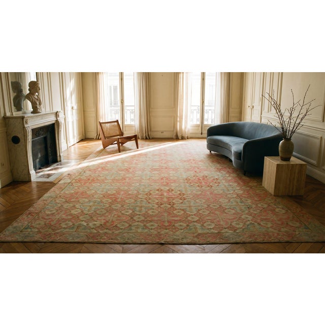 Textile 1870s Pink Cross Diamond Antique French Needlepoint Rug 14'4" X 18'8" Flatweave Wool Carpet For Sale - Image 7 of 9