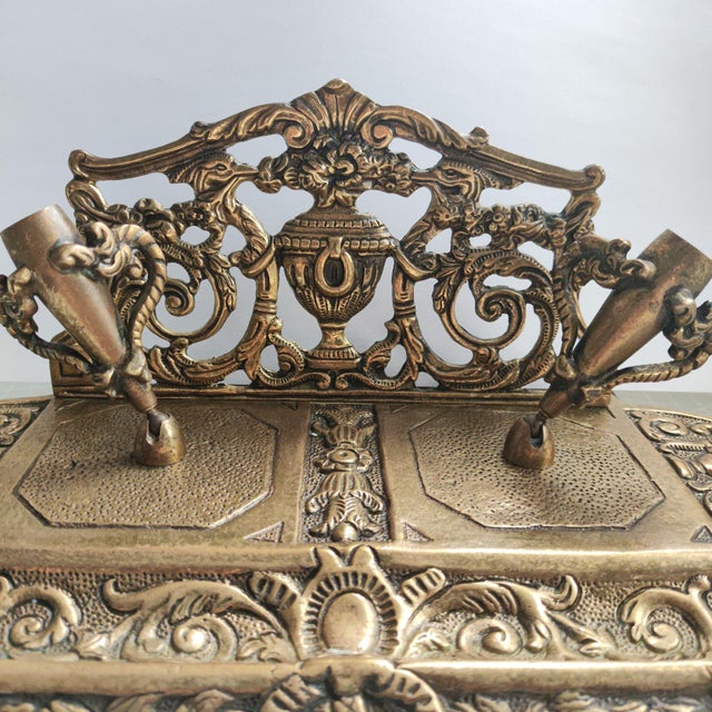 Bronze Antique Italian Neo-Baroque Style Letter and Writing Accessory Stand: A Double Pen Holder and a Paper Tray For Sale - Image 8 of 14