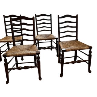 Antique , Late 19th Century, English Ladder Back Chairs With Original Rush Seats. Set of 4 For Sale