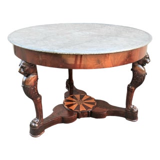 Antique Sicilian Empire Inlaid Wooden Table with Grey Marble Top For Sale