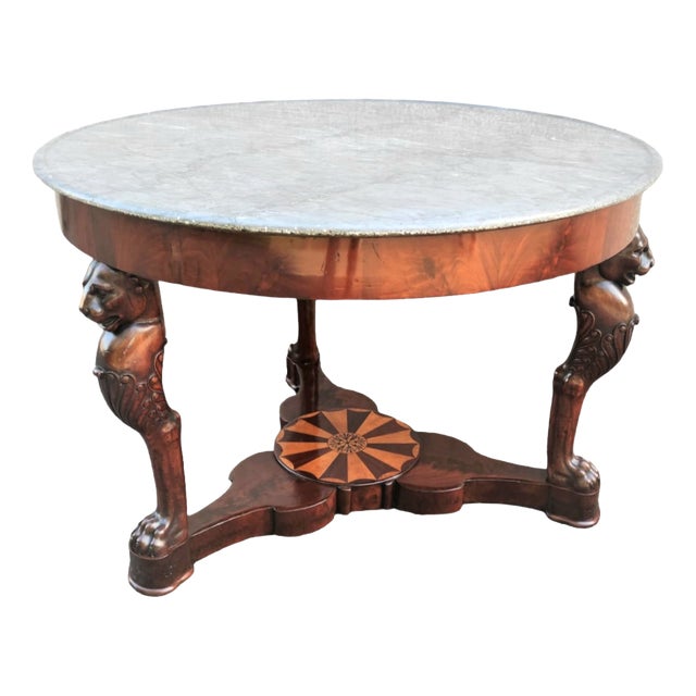 Antique Sicilian Empire Inlaid Wooden Table with Grey Marble Top For Sale