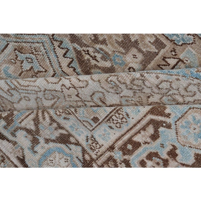 Early 20th Century Antique Persian Heriz Rug With Geometric Design in Taupe, Tan, Brown and Lt Blue For Sale - Image 12 of 13