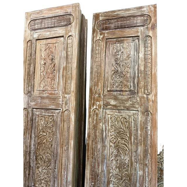 Antique Hand-Carved Wooden Door Panel | Distressed Whitewash Floral Barn Door, Vintage Door 96x27 For Sale - Image 4 of 8