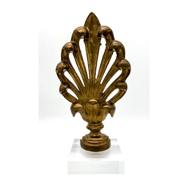 Brass Vintage Shell Motif Brass Finials Mounted on Lucite For Sale - Image 8 of 9