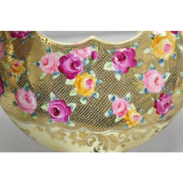 Antique Japanese Nippon Hand Painted Porcelain Gold Gilt Handle Moon Basket Vase For Sale - Image 15 of 17