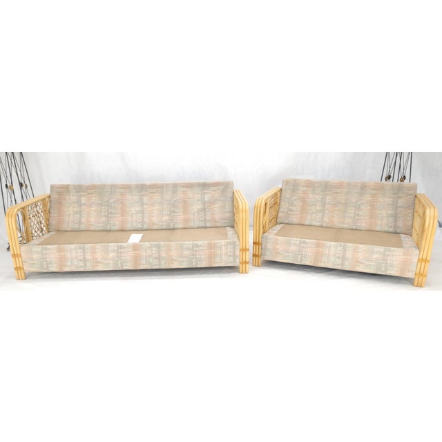 Pair Bent Bamboo Frames Linen Like Upholstery Mid Century Modern Sofa Loveseat For Sale - Image 12 of 13