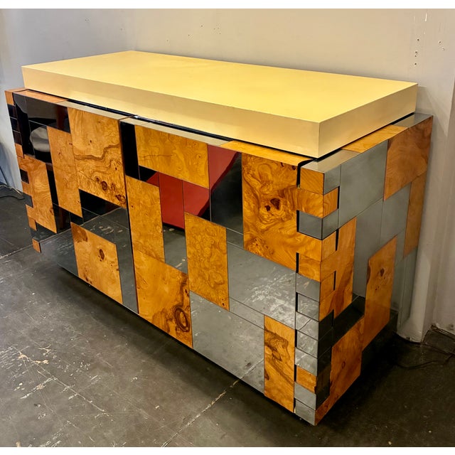 Directional 1970s Paul Evans Burl & Chrome Patchwork Cabinet, Attributed For Sale - Image 4 of 12