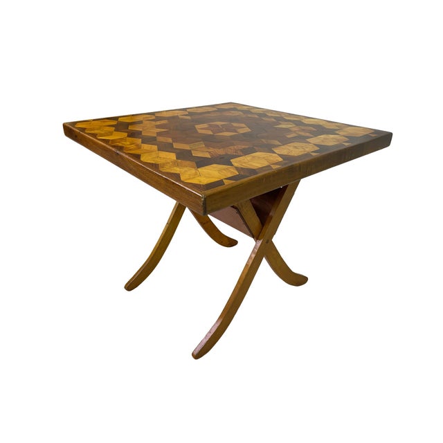 1970s Adjustable-Height Folding Marquetry Table, Don Shoemaker Style For Sale - Image 10 of 13