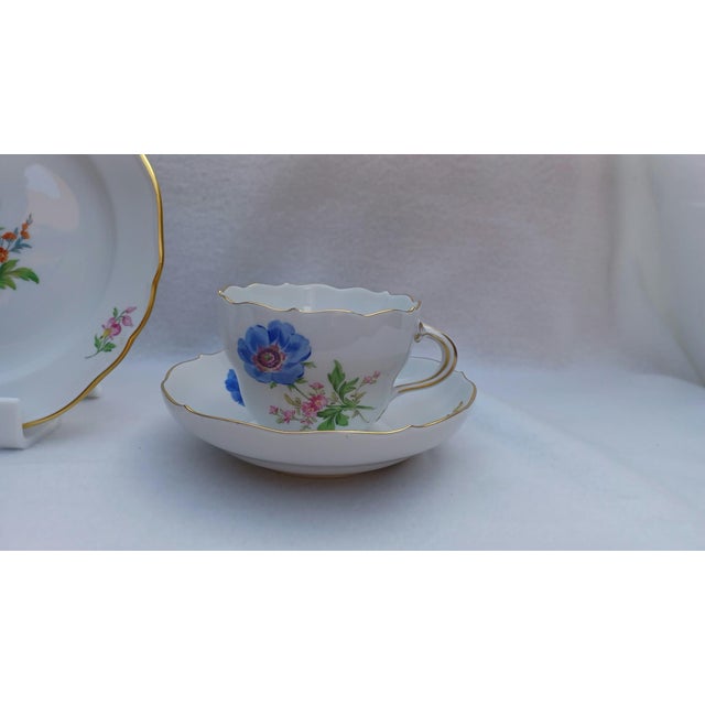 Mid-Century Modern Vintage Porcelain Coffee & Tea Trio Set with Hand-Painted Blue Anemone from Meissen , 1970, Set of 3 For Sale - Image 3 of 10