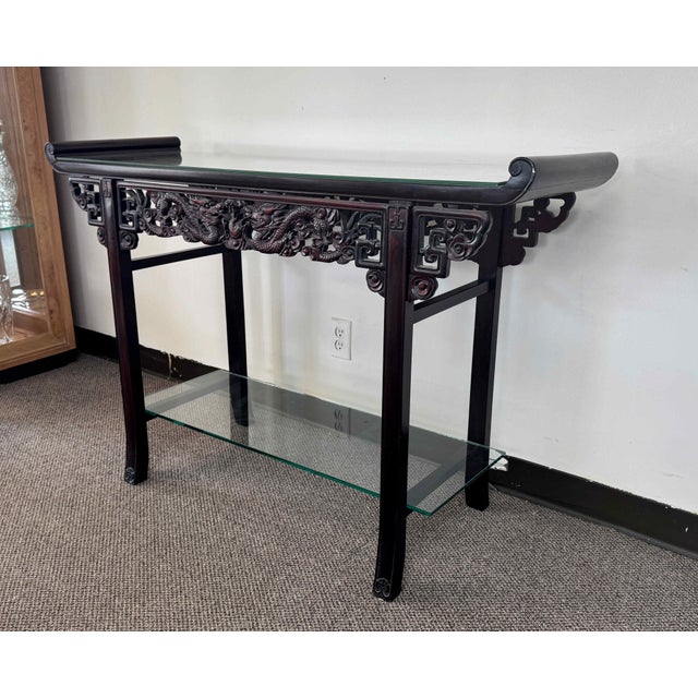 Rustic Vintage Carved Wood Altar or Console Table With Glass Shelf For Sale - Image 3 of 9
