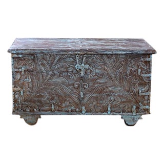 Vintage Blue Floral Hope Chest on Wheels | Carved Wood Storage Bench Trunk For Sale
