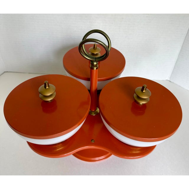 Mid-Century Modern Mid-Century Modern Space Age Rotating Condiment Server With Fire-King Milk Glass Bowls For Sale - Image 3 of 11