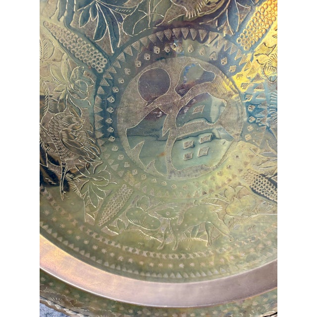 Vintage Large Round Handmade Brass Tray With Chinese Blessing for Good Fortune For Sale - Image 4 of 11