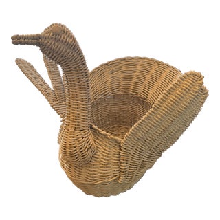 Mid 20th Century Large Wicker White Swan Basket Planter in the Style of Mario Lopez Torres For Sale