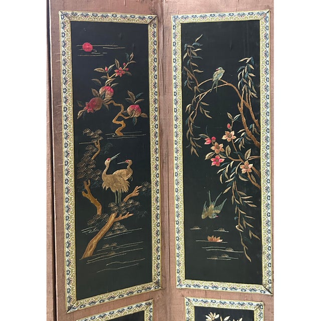 Wood Vintage Black Fabric Flower Birds Table Top Folding Screen Art For Sale - Image 7 of 8