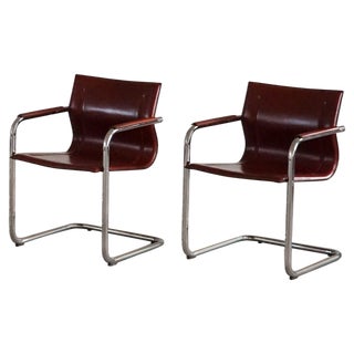 Italian Cantilever MG15 Armchairs in Leather by Matteo Grassi, 1970s, Set of 5 For Sale