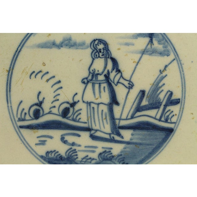 Baroque Antique Dutch Delft Blue & White Tile Pastoral Landscape W Shepherdess For Sale - Image 3 of 12
