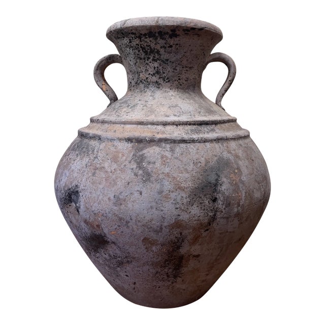 Large Matte Gray Clay Olive Jar Pot Vessel With Double Handles For Sale