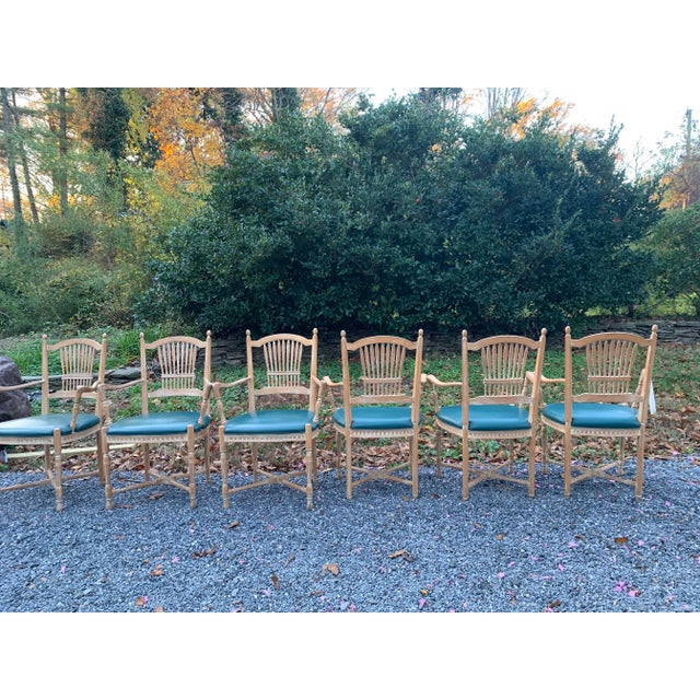 Set of six vintage Century Furniture wheat sheaf arm chairs Green leather chairs with 26 1/4 Width at top of arms seat...