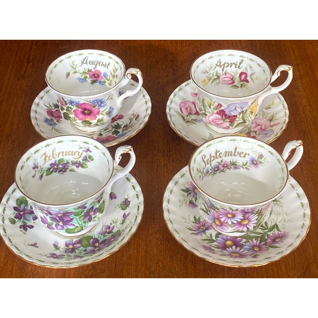 English Porcelain Tea Service with Flower of the Month Pattern from Royal Albert, England, 1970s, Set of 24 For Sale - Image 3 of 8