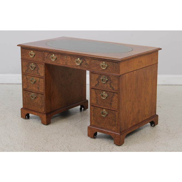 English 3 Part Leather Top Burl Walnut Desk For Sale - Image 13 of 15